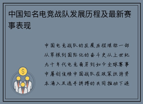 中国知名电竞战队发展历程及最新赛事表现