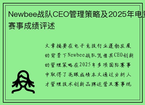 Newbee战队CEO管理策略及2025年电竞赛事成绩评述